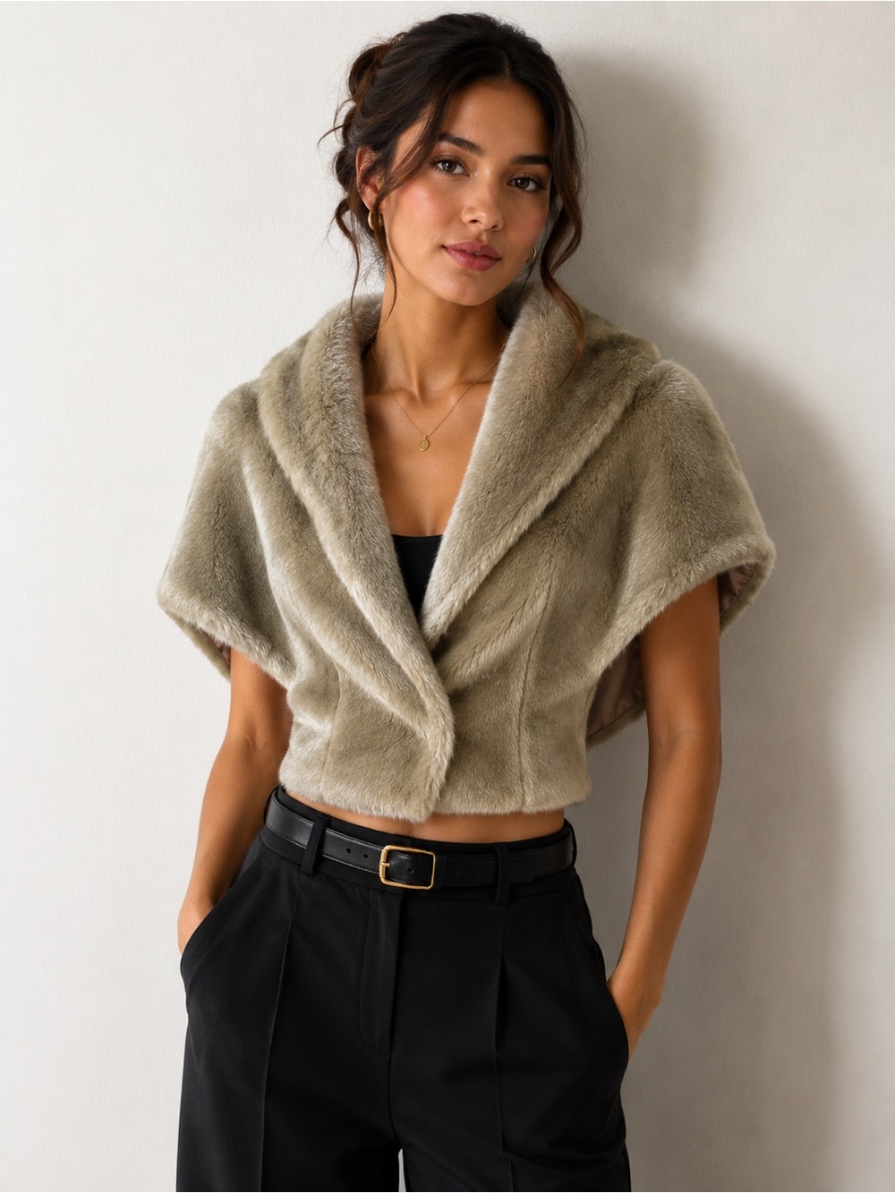 Vintage Glam Faux Fur Capelet Shawl XS Taupe Beige Old Hollywood